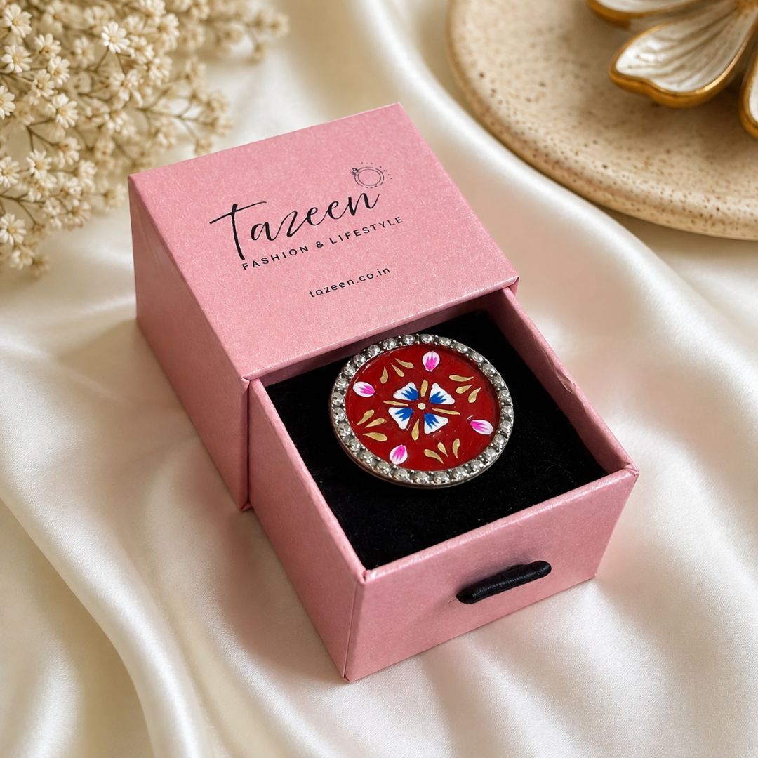 Elegant Meenakari Maroon Floral Silver Adjustable Finger Ring