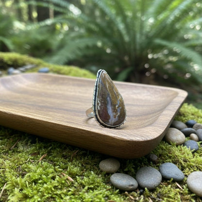 Natural Stone Teardrop Oxidised Silver Statement Ring
