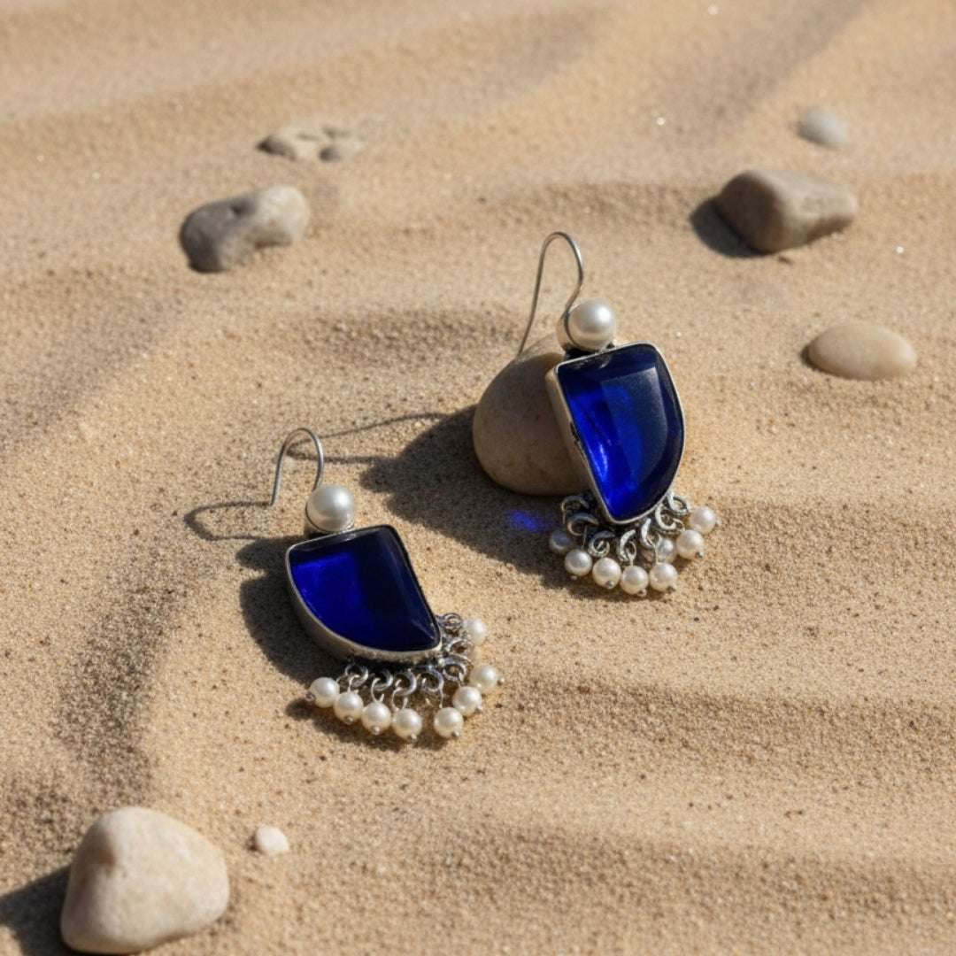Oxidized Royal Blue Stone & Pearl Danglers