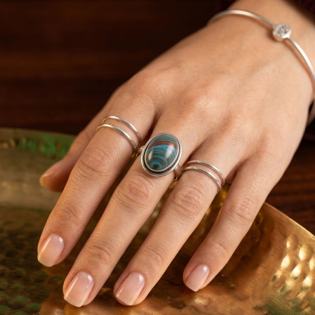 German Silver Ring with Multicolor Oval Stone – Handmade Statement Ring