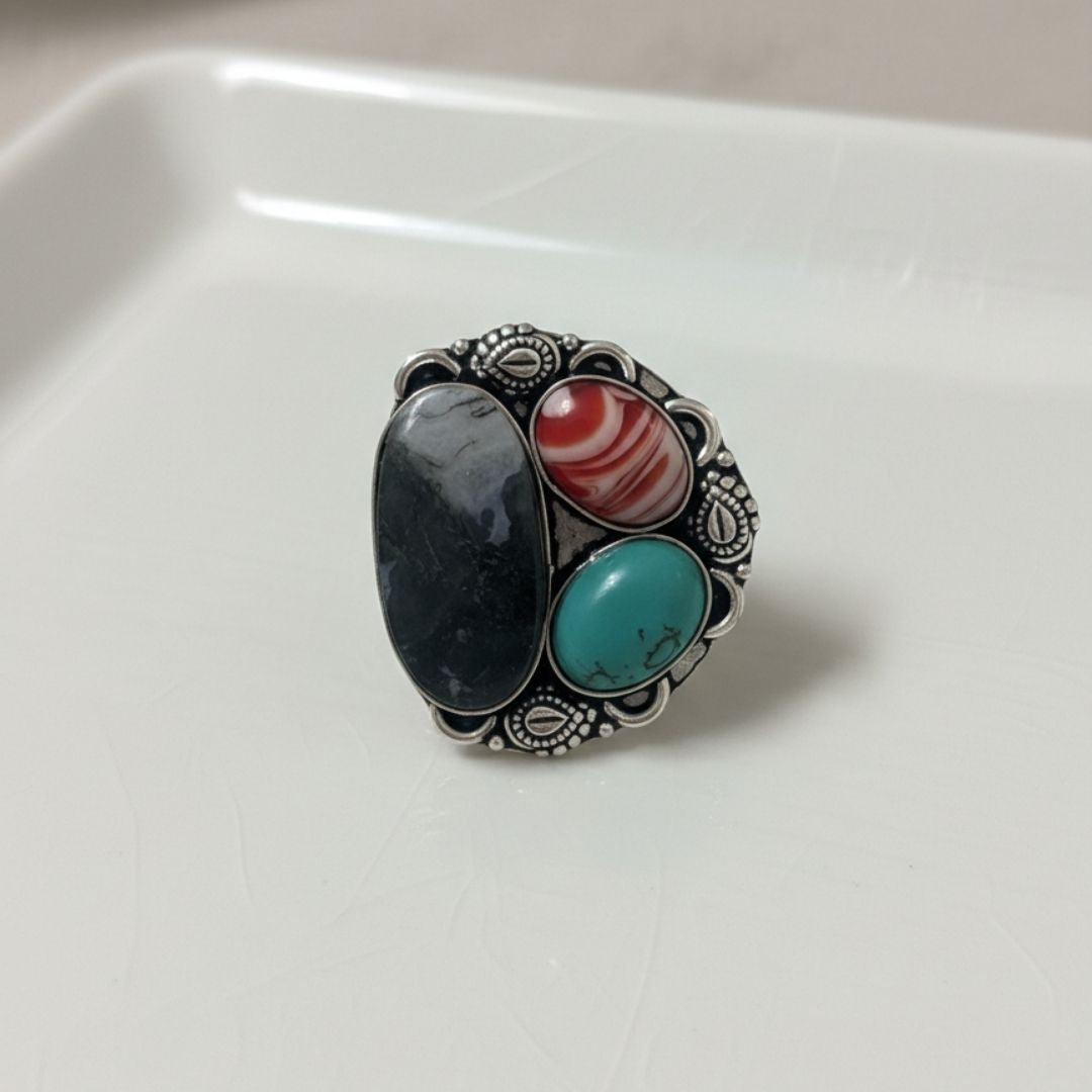 Natural Multi-Stone Oxidised Silver Statement Ring