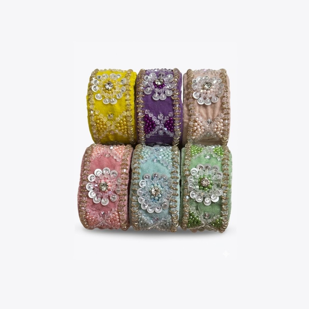 Handmade Adjustable Floral Beaded Velvet Cuff Bracelet – Sunshine Yellow