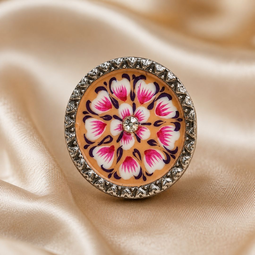 Elegant Meenakari Orange Floral Silver Adjustable Finger Ring