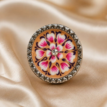 Elegant Meenakari Orange Floral Silver Adjustable Finger Ring