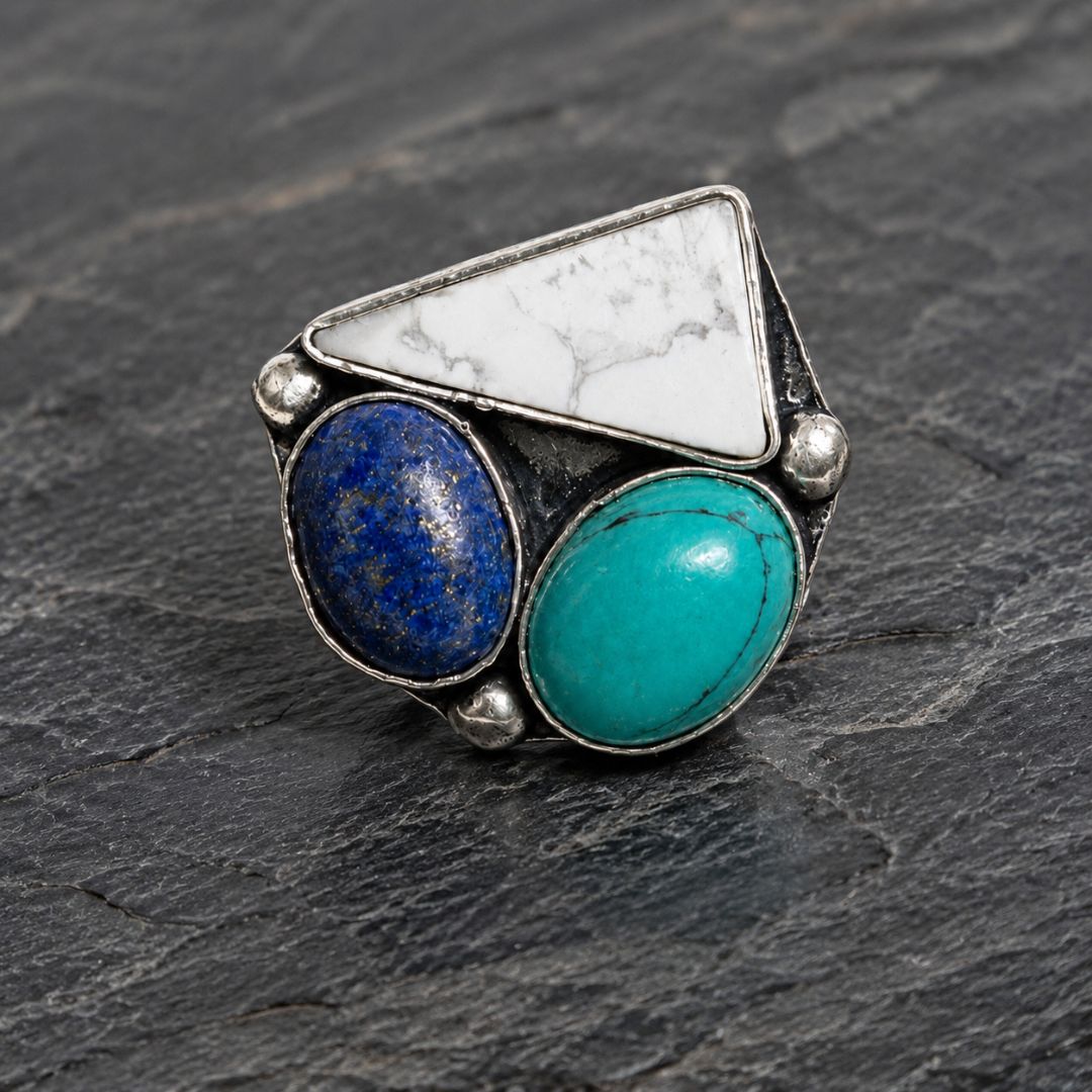 Mystic Trio Oxidised Gemstone Ring
