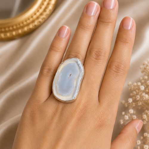 Natural Blue Lace Agate German Oxidised Silver Ring
