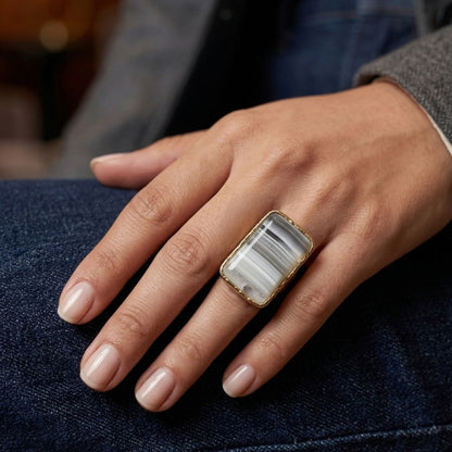Rectangular Banded Agate Ring – Minimalist Statement Stone Ring