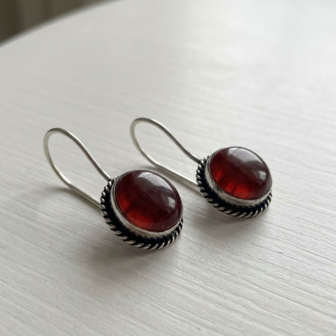 Vintage Red Cabochon Drop Earrings – Silver Tone Round Dangle Earrings