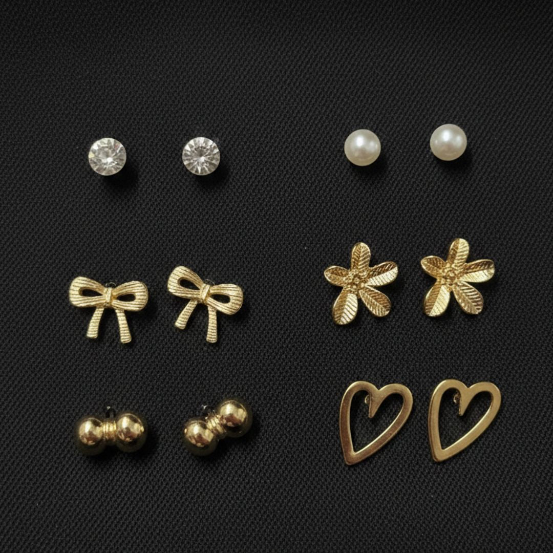 6 Days Stud Earrings Set – Everyday Minimal Gold & Pearl Combo