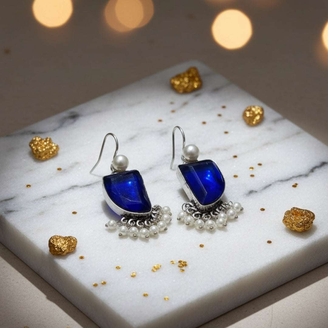 Oxidized Royal Blue Stone & Pearl Danglers