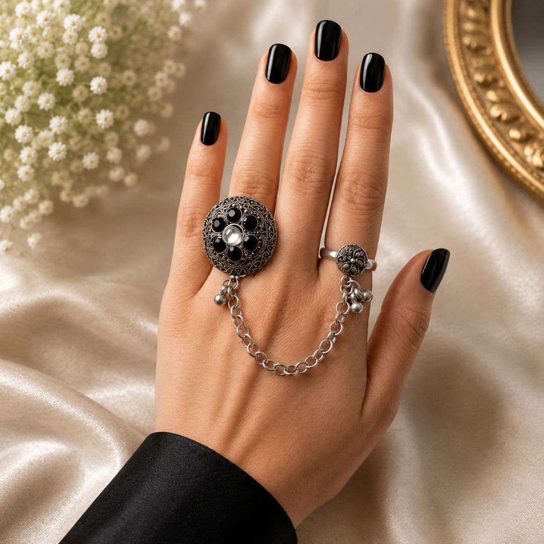 Oxidized German Silver Dual Ring Chain Black Stone Statement Hand Harness