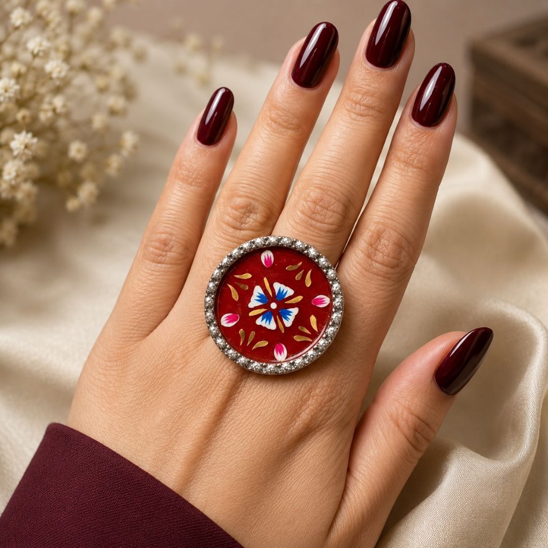 Elegant Meenakari Maroon Floral Silver Adjustable Finger Ring