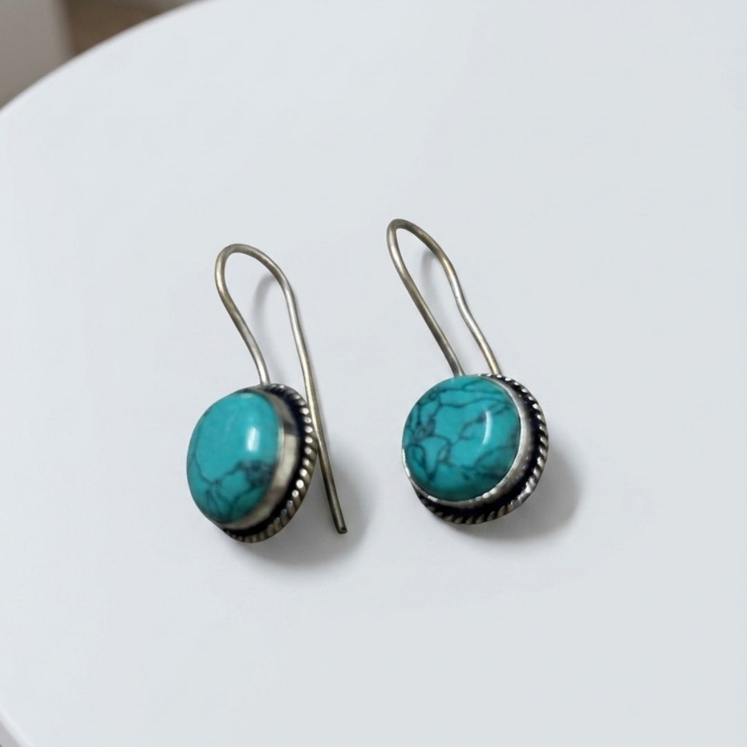 Handcrafted Turquoise Stone Silver-Tone Dangle Earrings