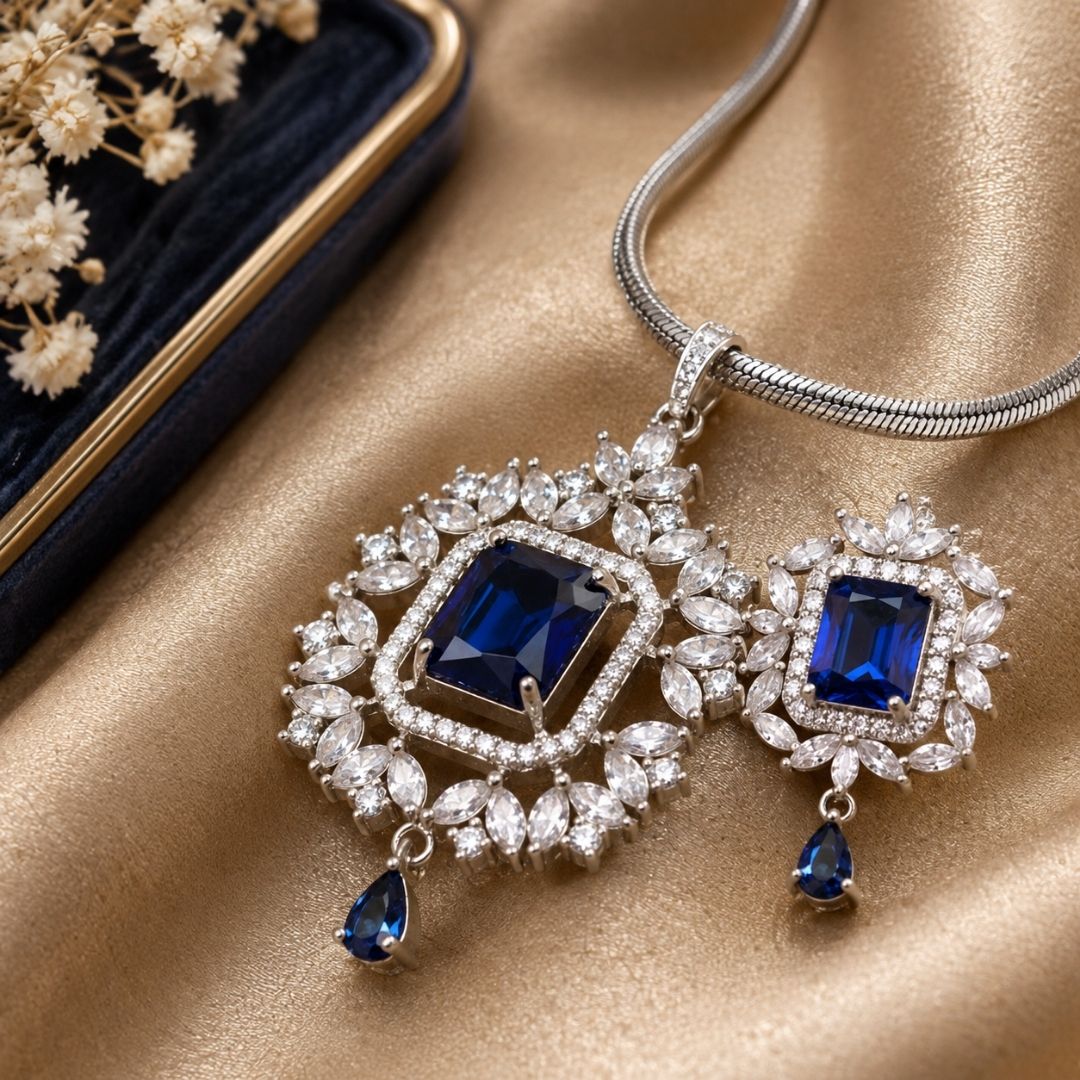 Royal Blue American Diamond Necklace Set