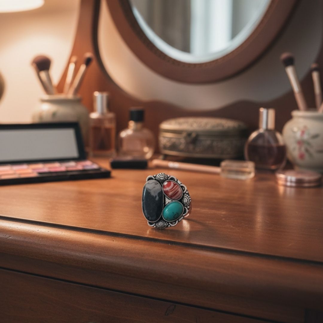 Natural Multi-Stone Oxidised Silver Statement Ring