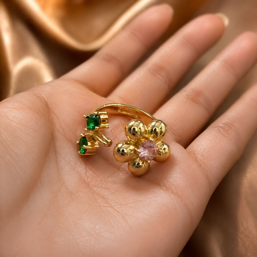 Golden Bloom Adjustable Ring – 18K Gold Plated Floral CZ Ring