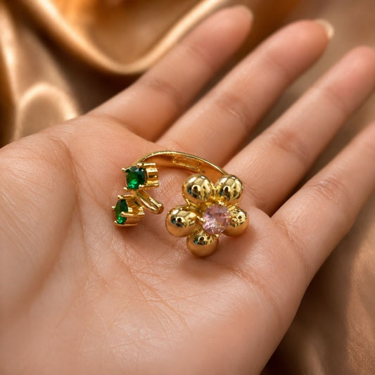Golden Bloom Adjustable Ring – 18K Gold Plated Floral CZ Ring