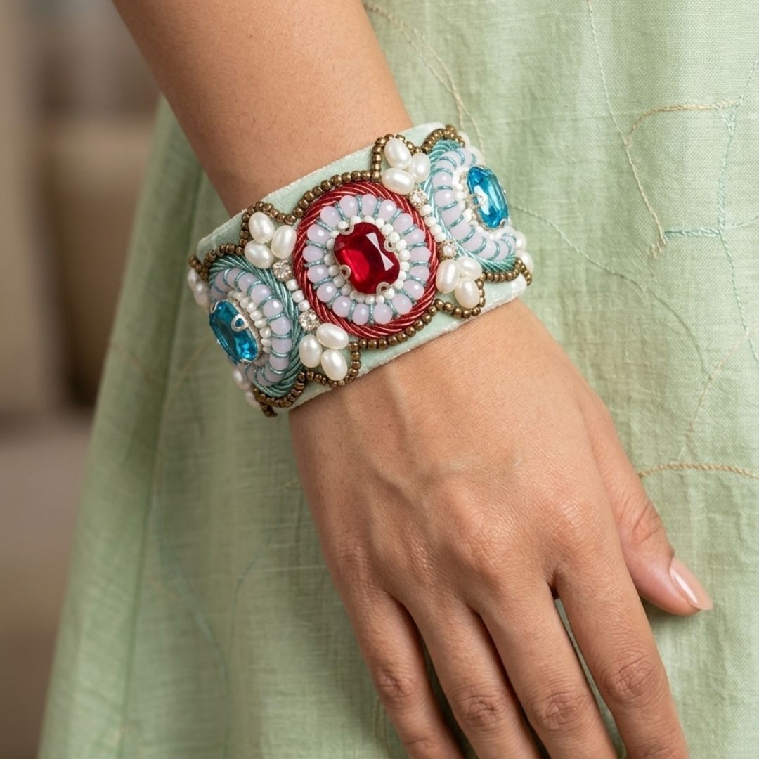 Handcrafted Beaded Statement Cuff Bracelet with Gemstone Accents
