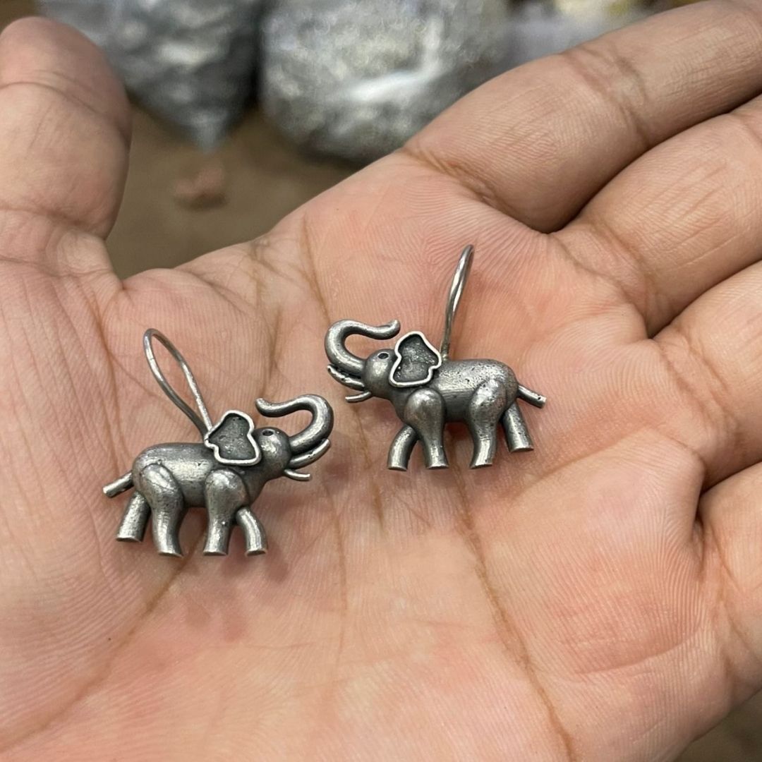 German Silver Elephant Earrings | Oxidized Tribal Elephant Drop Earrings for Women