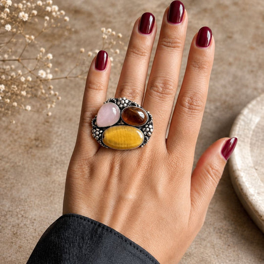 Vintage Bohemian Multi-Stone Statement Ring in Oxidized Silver