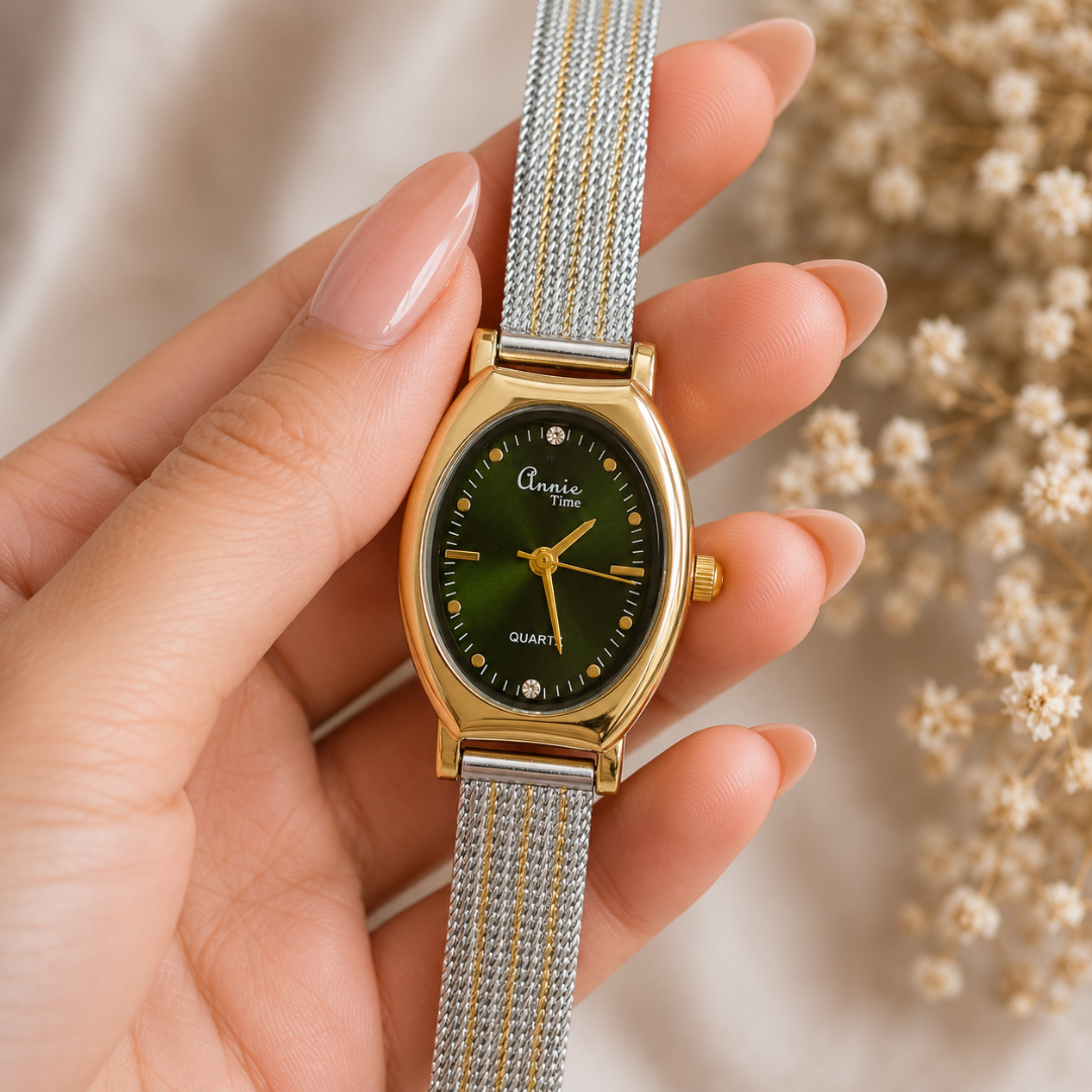 Annie Luxe Oval Women's Watch – Green Dial with 18KT Gold-Tone Stainless Steel Strap