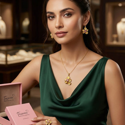 Elegant Gold Floral Pendant Necklace Set with Earrings & Ring