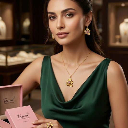 Elegant Gold Floral Pendant Necklace Set with Earrings & Ring