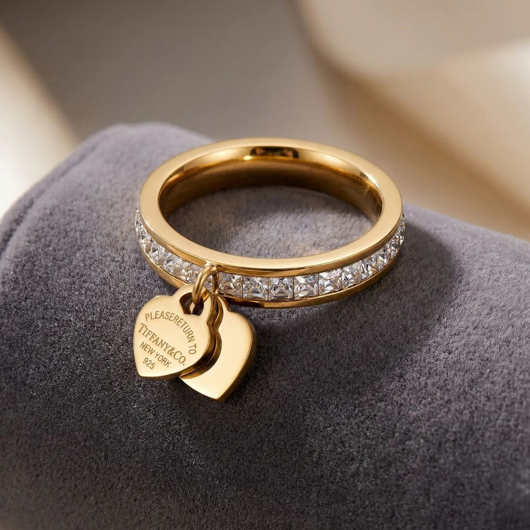 Minimal Heart Charm Crystal Ring – 18K Gold Plated
