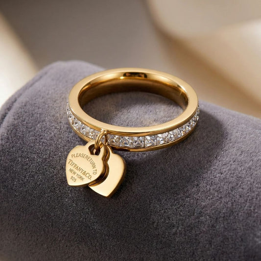 Minimal Heart Charm Crystal Ring – 18K Gold Plated