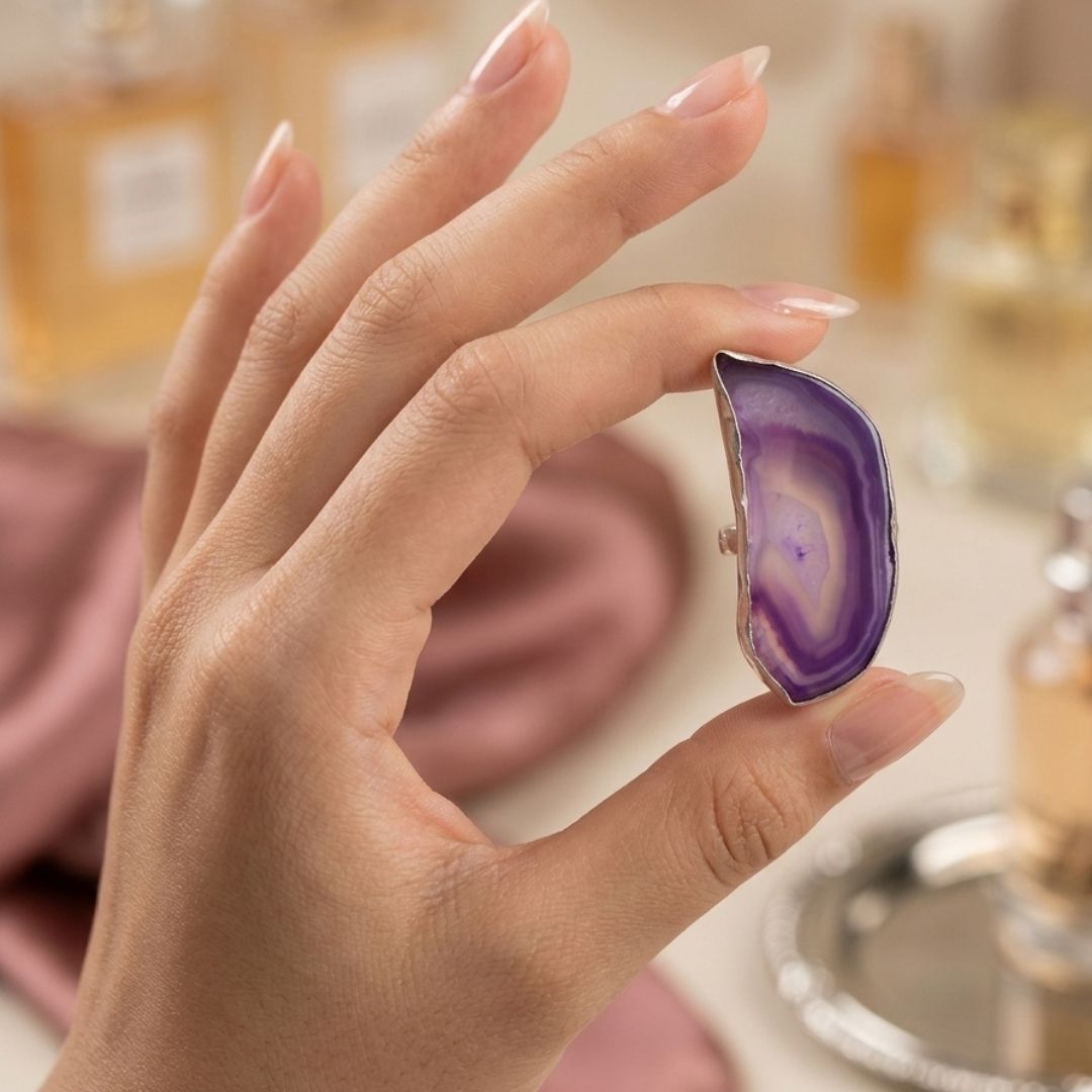 Handcrafted German Oxidized Silver Ring with Natural Purple Agate Slice | Adjustable Statement Ring