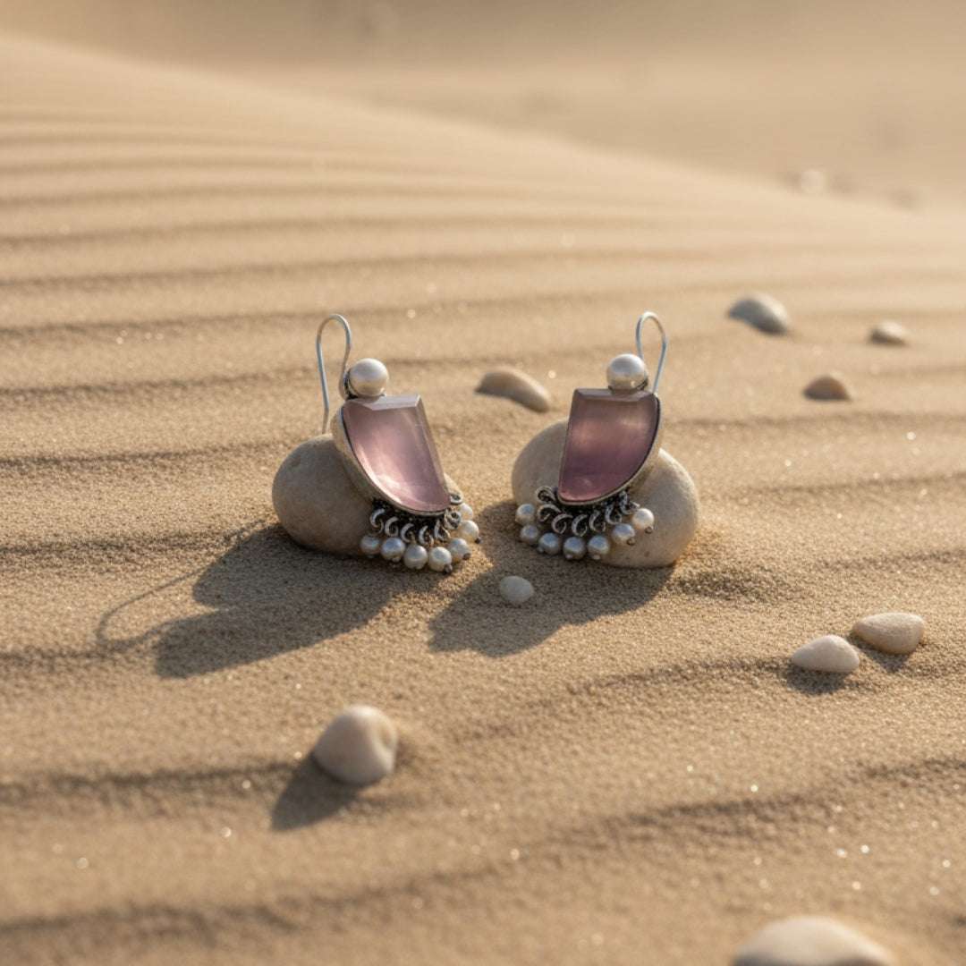 Oxidized Light Purple Stone & Pearl Danglers