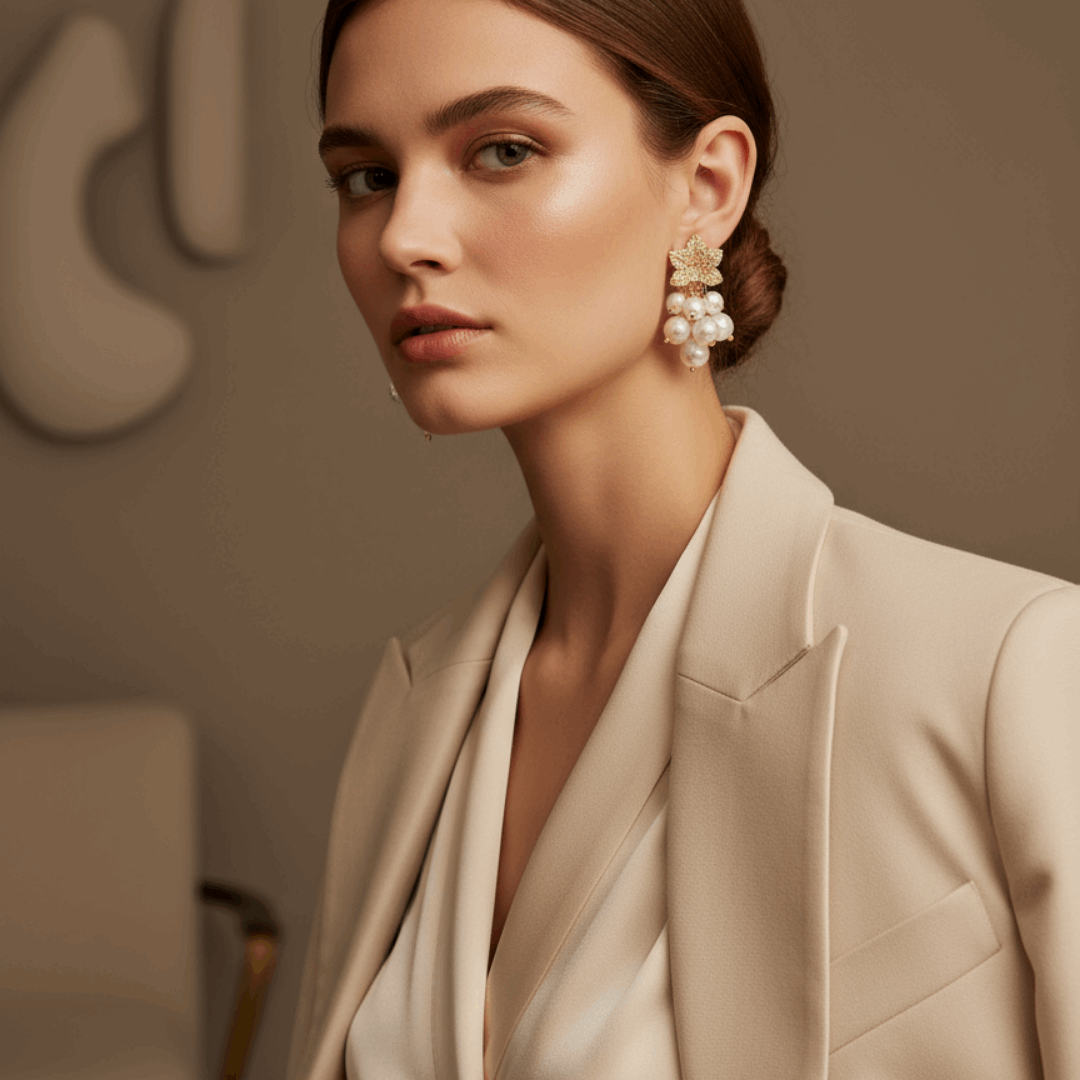 Gold Leaf Pearl Cluster Earrings