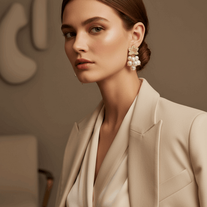 Gold Leaf Pearl Cluster Earrings