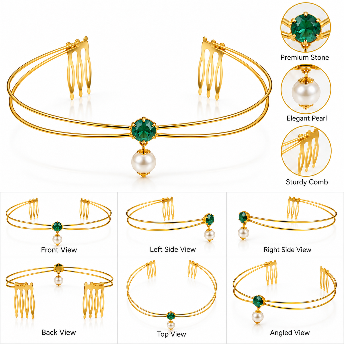 Gold-Plated Blue Green Stone Pearl Hairlet for Women