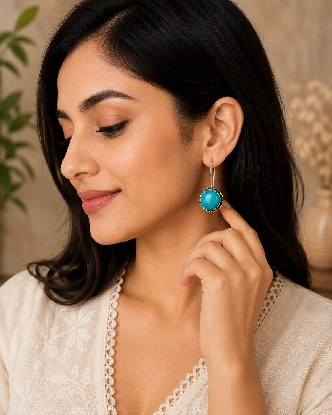 Handcrafted Turquoise Stone Silver-Tone Dangle Earrings
