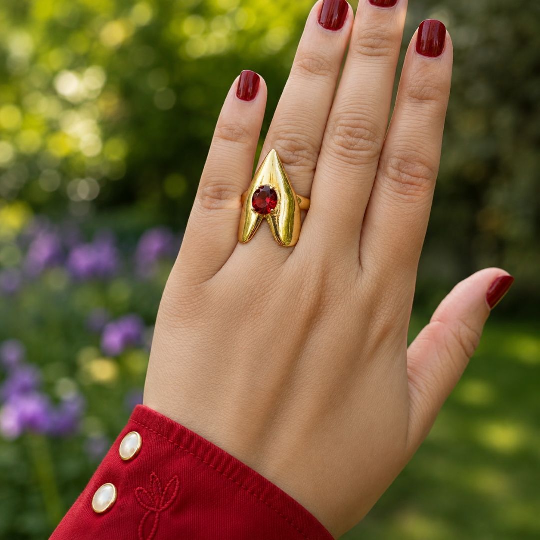 Inferno Gold Statement Ring with Red Crystal
