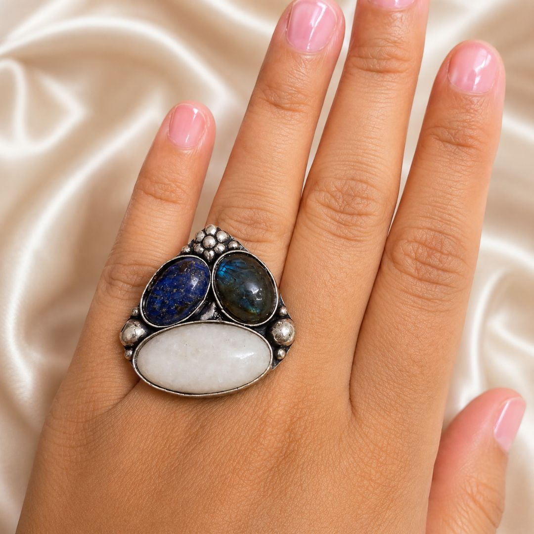Sterling Oxidised Silver Statement Ring with Lapis Lazuli, Labradorite & White Gemstone