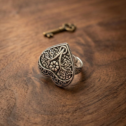 Oxidized German Silver Heart-Shaped Engraved Statement Ring