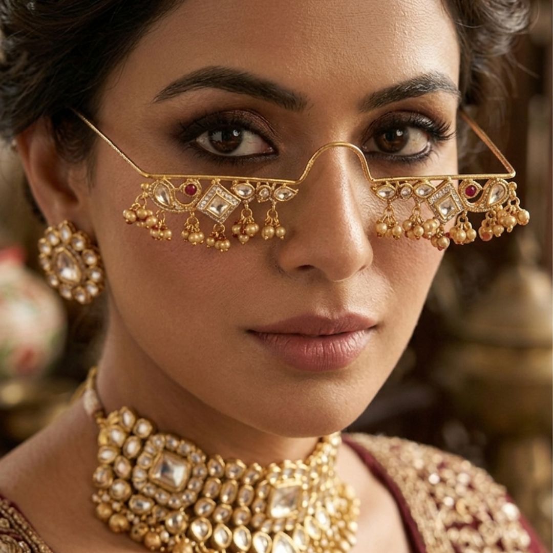Traditional Brass Kundan Nose Accessory with Ghungroo Facelet