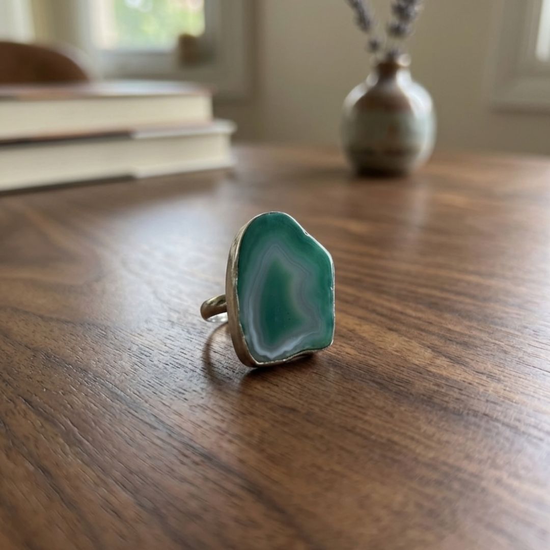 Green Agate Slice Statement Ring in Silver
