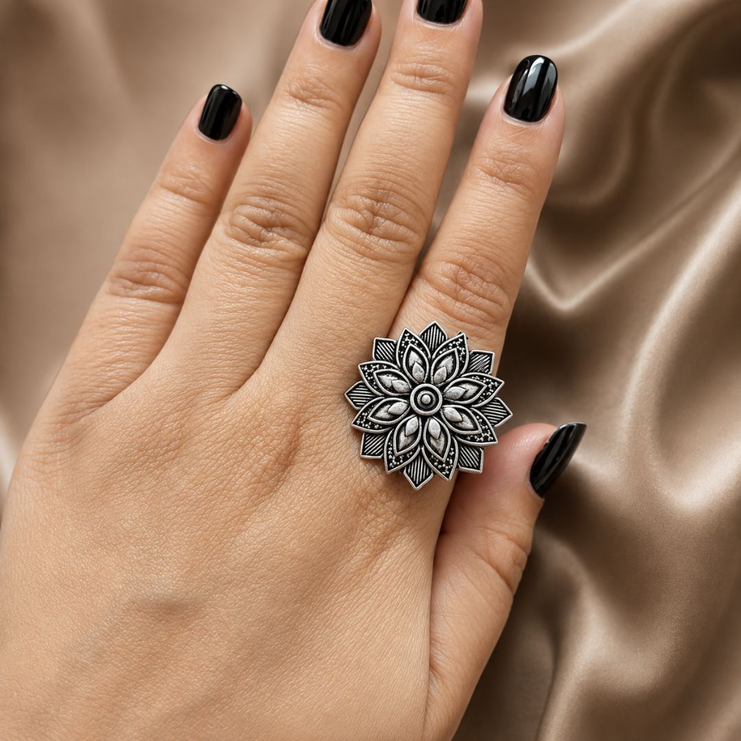 Oxidized German Silver Floral Mandala Statement Ring