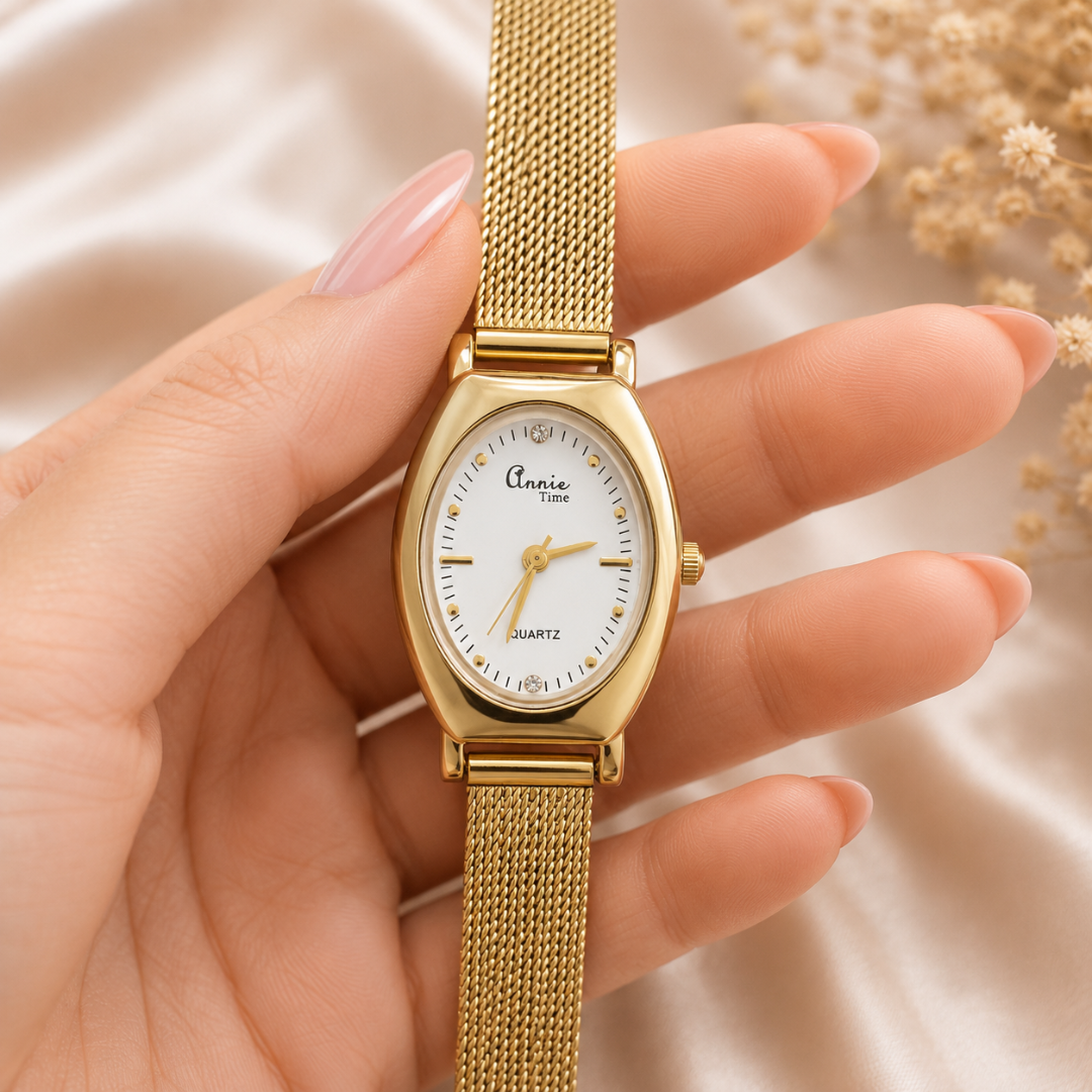 Annie Aura Oval Gold Mesh Watch – Elegant 18KT Gold-Tone Stainless Steel Watch for Women