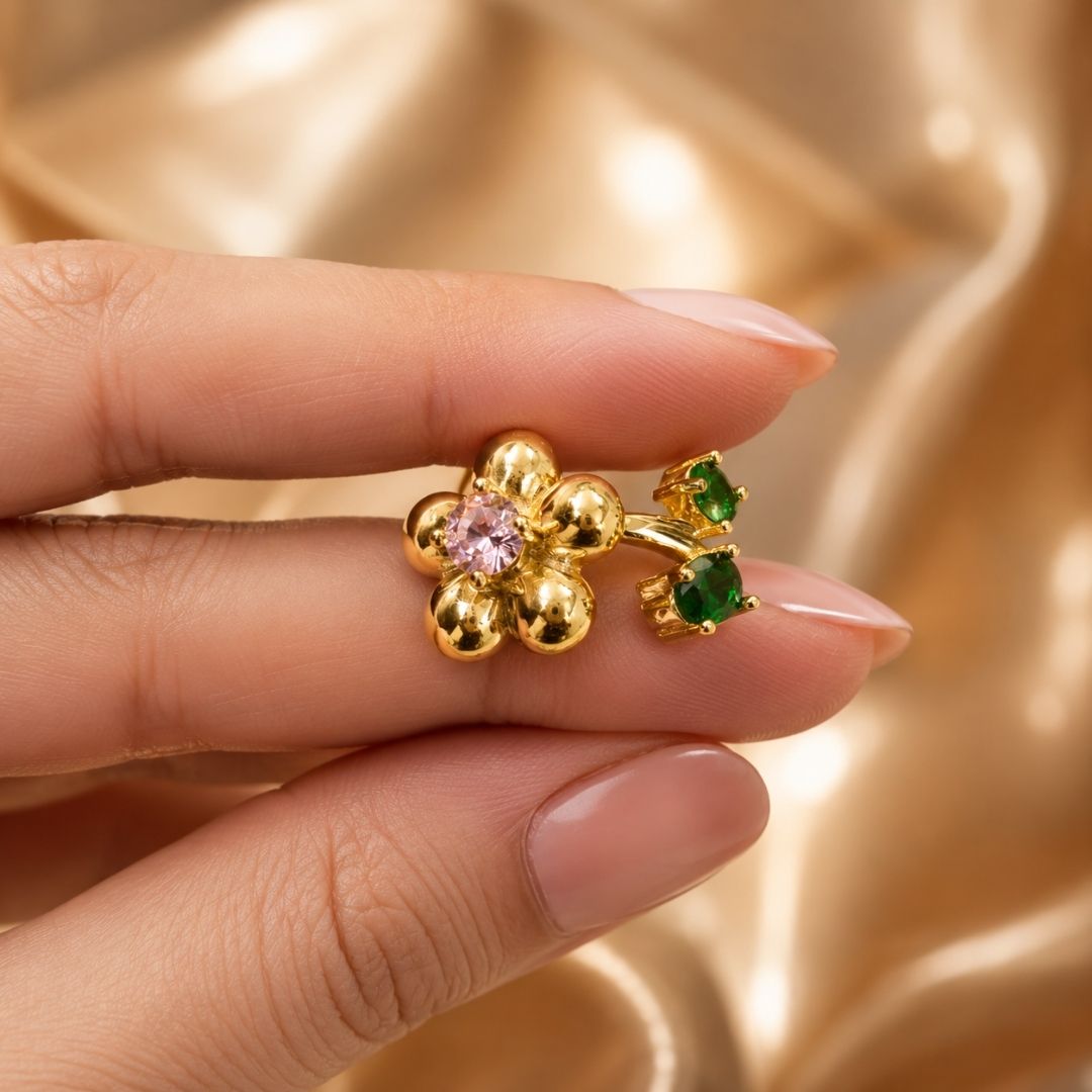 Golden Bloom Adjustable Ring – 18K Gold Plated Floral CZ Ring