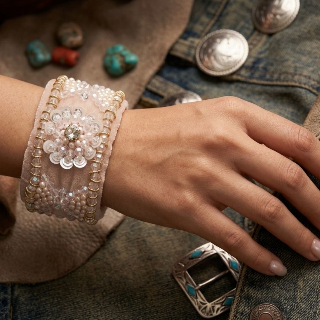 Handmade Adjustable Floral Beaded Velvet Cuff Bracelet – Blush Pink