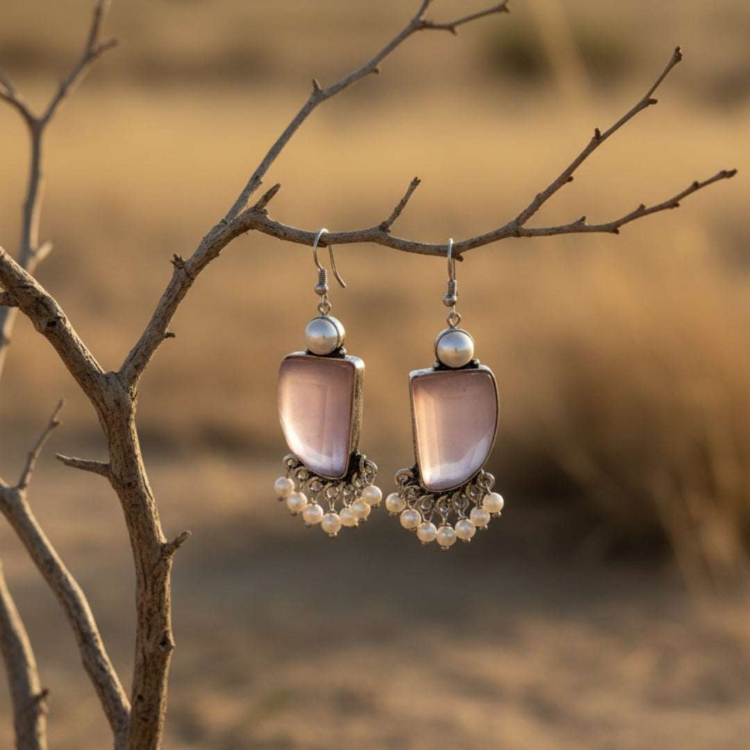 Oxidized Light Purple Stone & Pearl Danglers