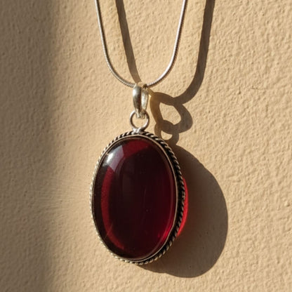 Wine Red Garnet Oval Pendant Necklace
