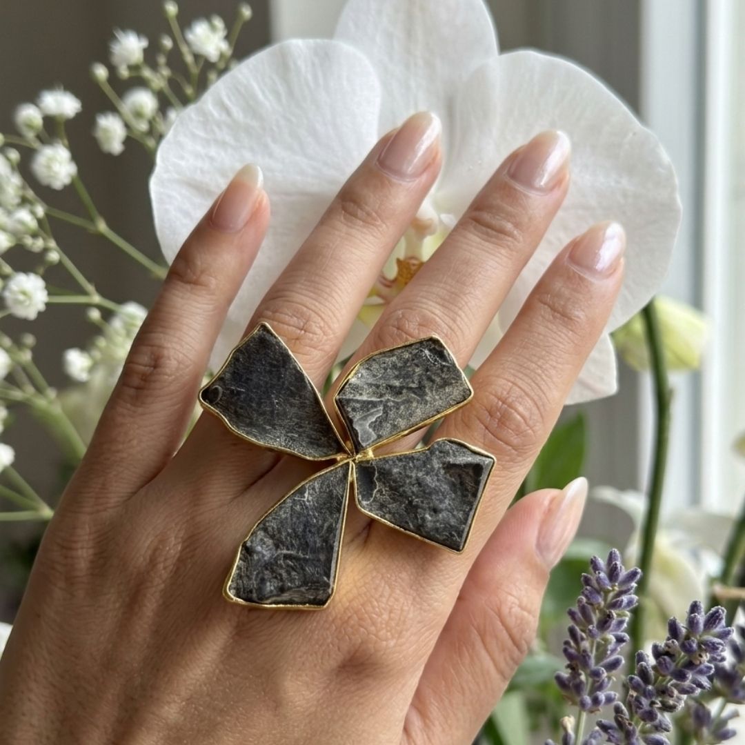 Midnight Slate Petal Ring in Gold Vermeil