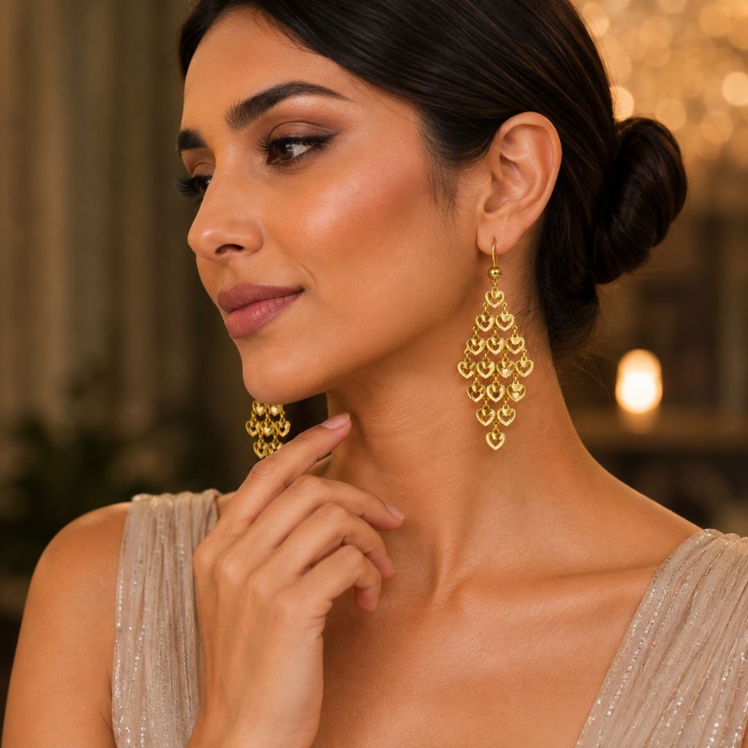 Golden Heart Cascade Drop Earrings
