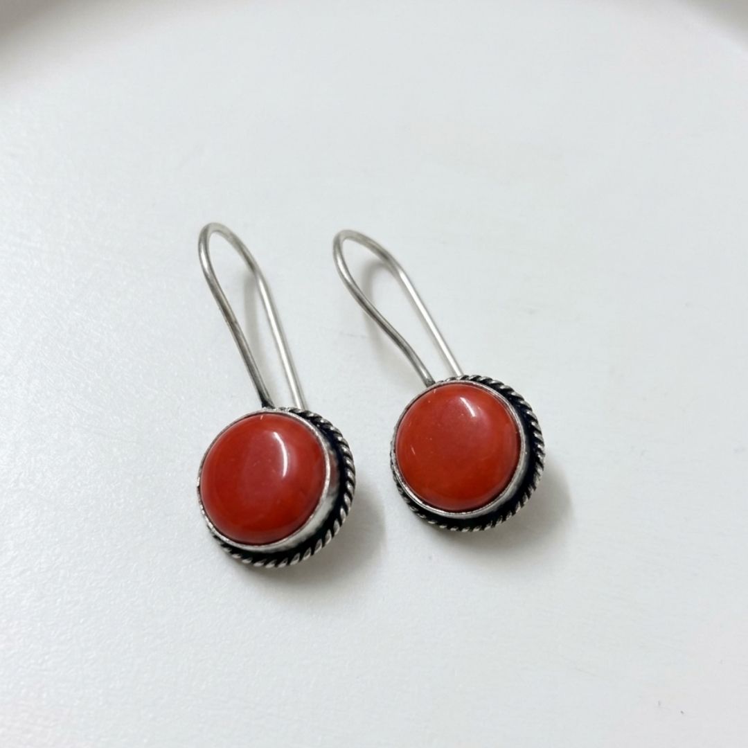 Red Round Stone Silver-Tone Dangle Earrings
