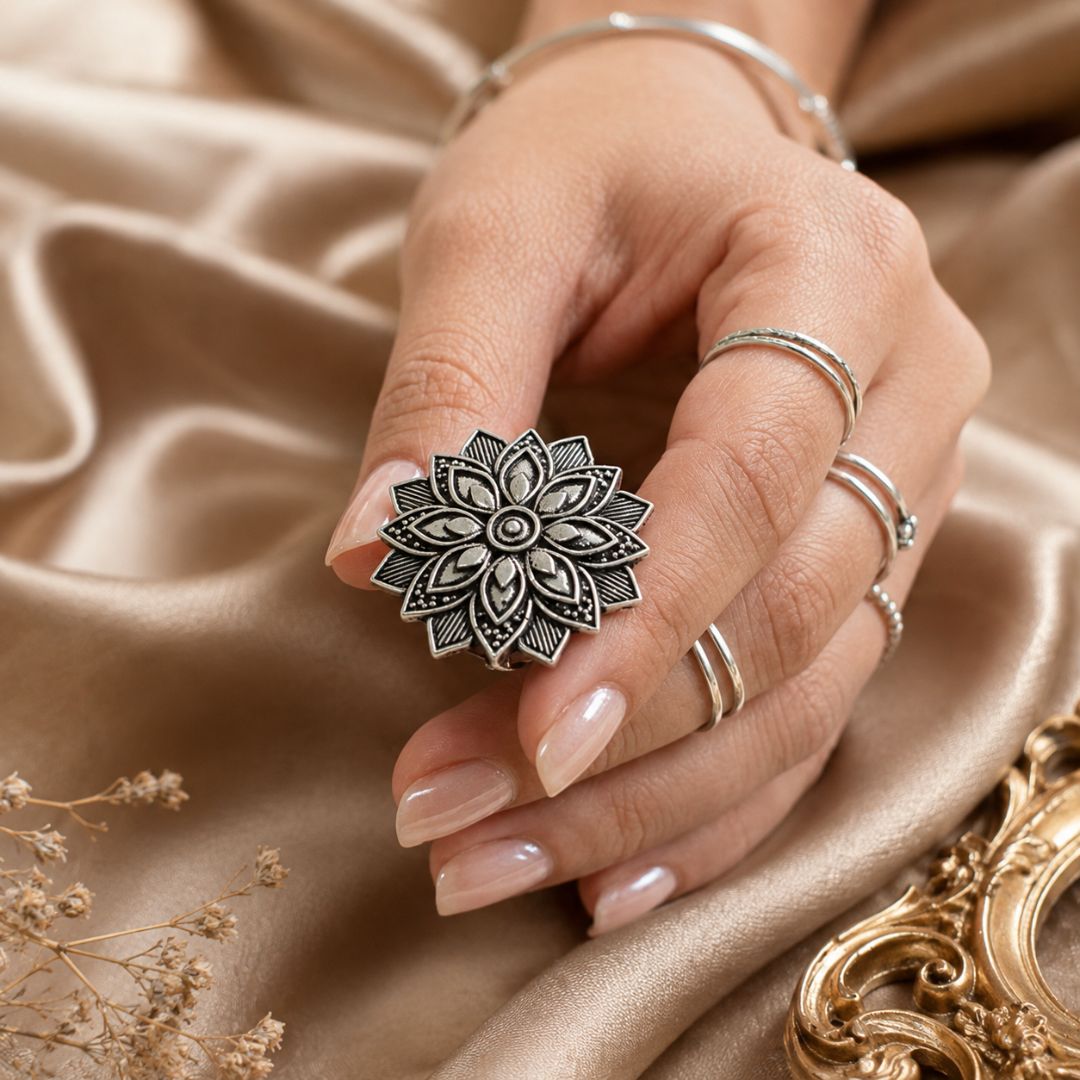 Oxidized German Silver Floral Mandala Statement Ring
